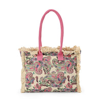 Beige and Pink Flower Pattern Tote Bag (14.6"x11.7"x5.5") with Handle Drop (9.5")