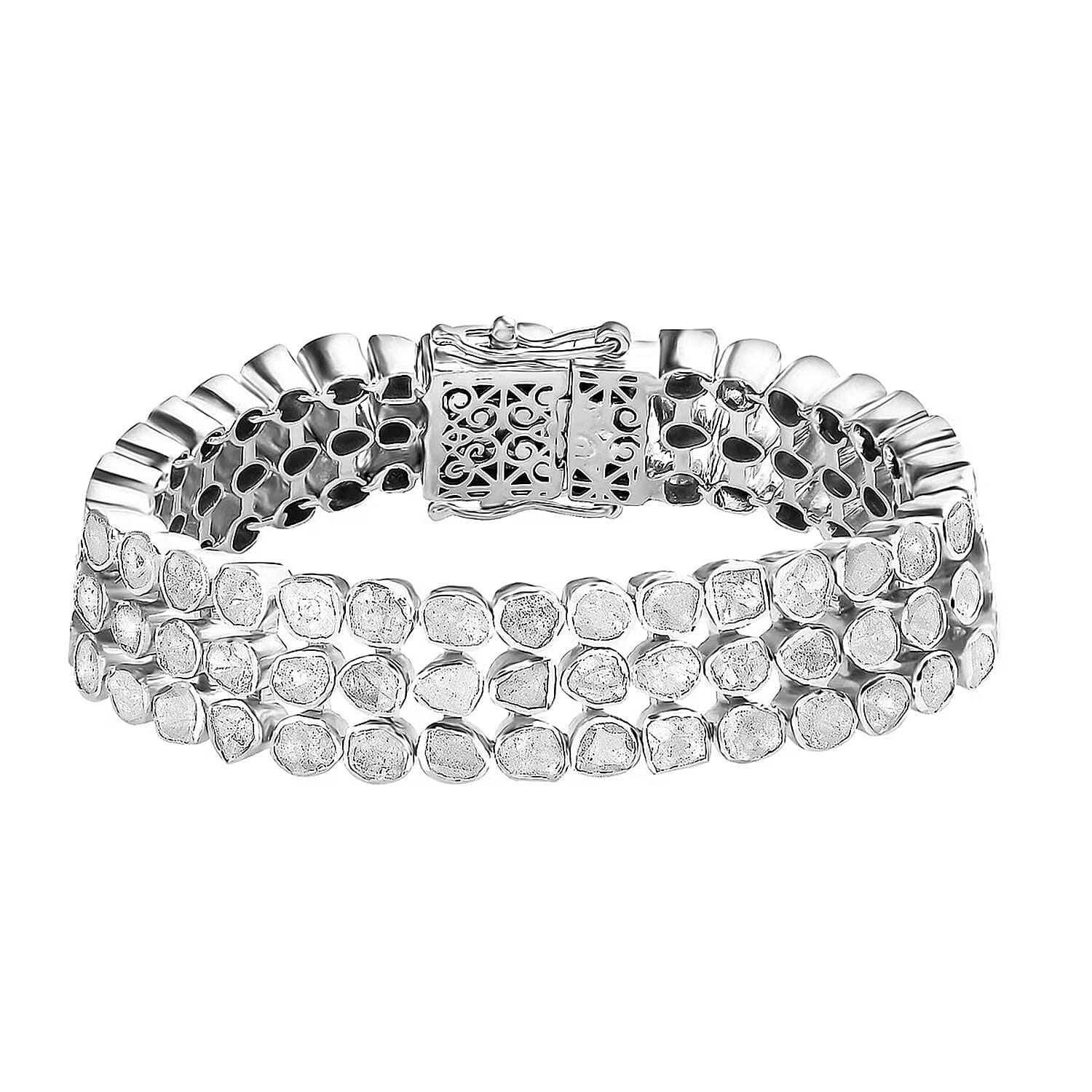 Polki Diamond 3 Row Tennis Bracelet in Platinum Over Sterling Silver (6.50 In)