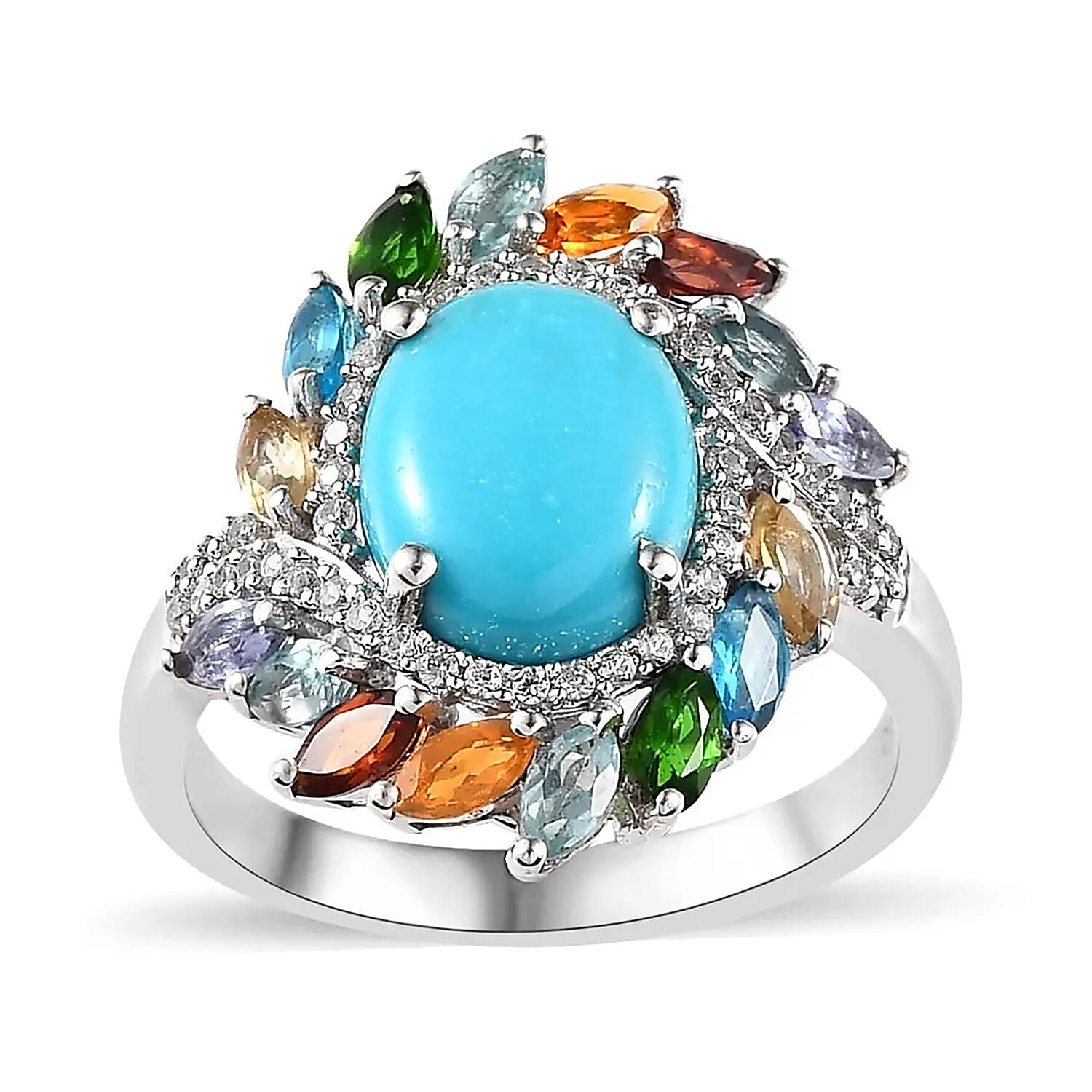 TLV Premium Sleeping Beauty Turquoise, Multi Gemstone Floral Ring in Platinum Over Sterling Silver (Size 10.0) 3.70 ctw