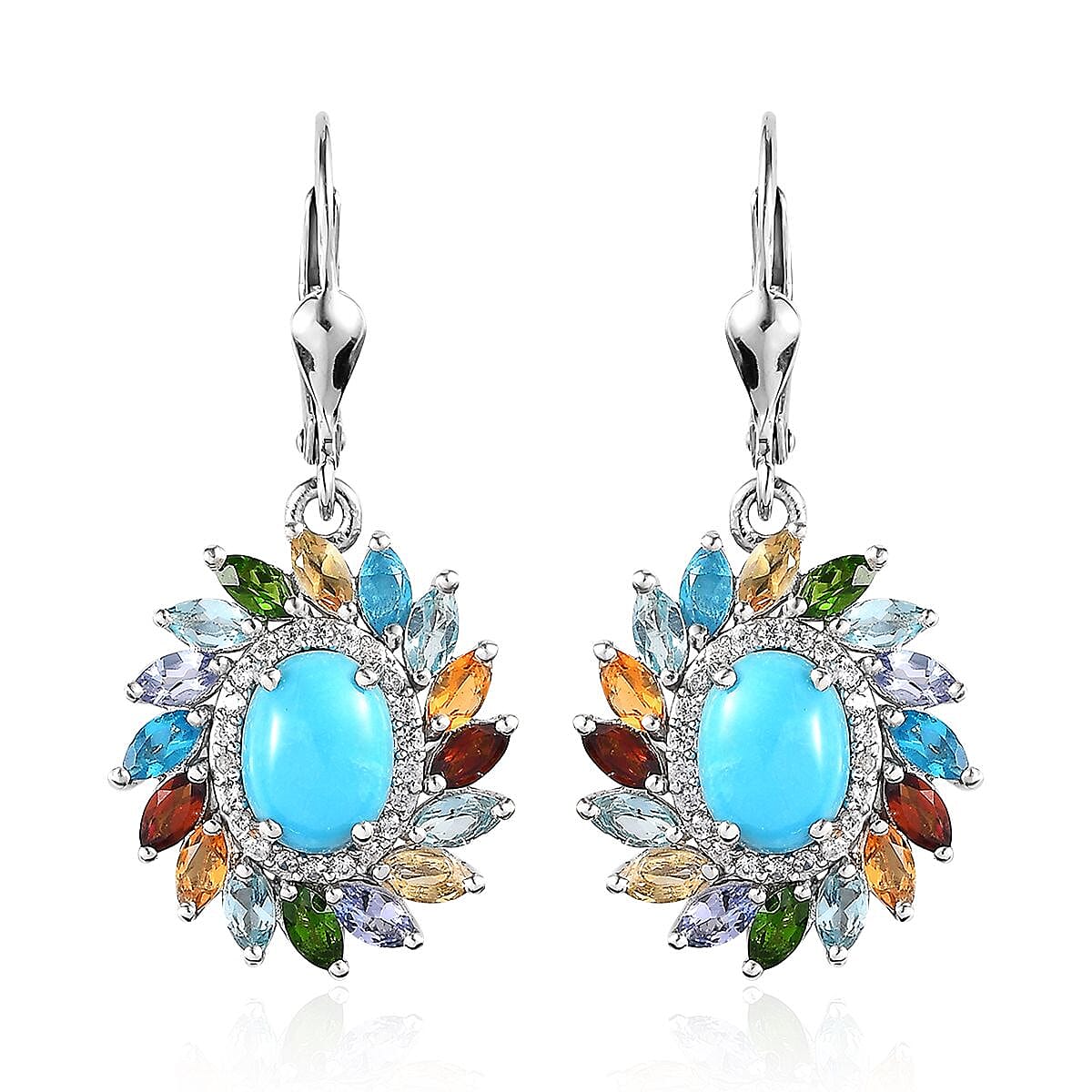 Premium Sleeping Beauty Turquoise and Multi Gemstone Floral Earrings in Platinum Over Sterling Silver 5.15 ctw