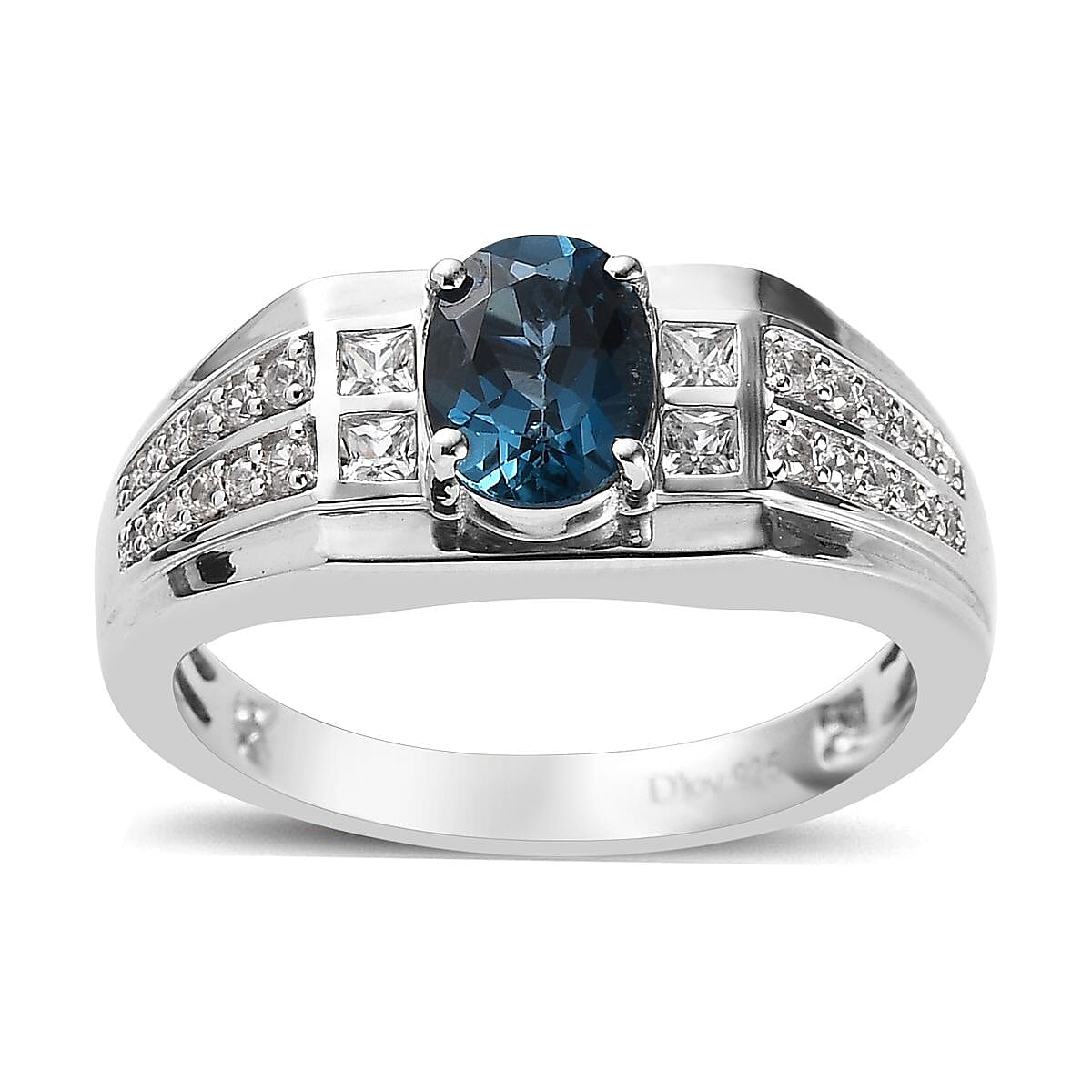 London Blue Topaz and White Zircon Men's Ring in Platinum Over Sterling Silver 2.20 ctw
