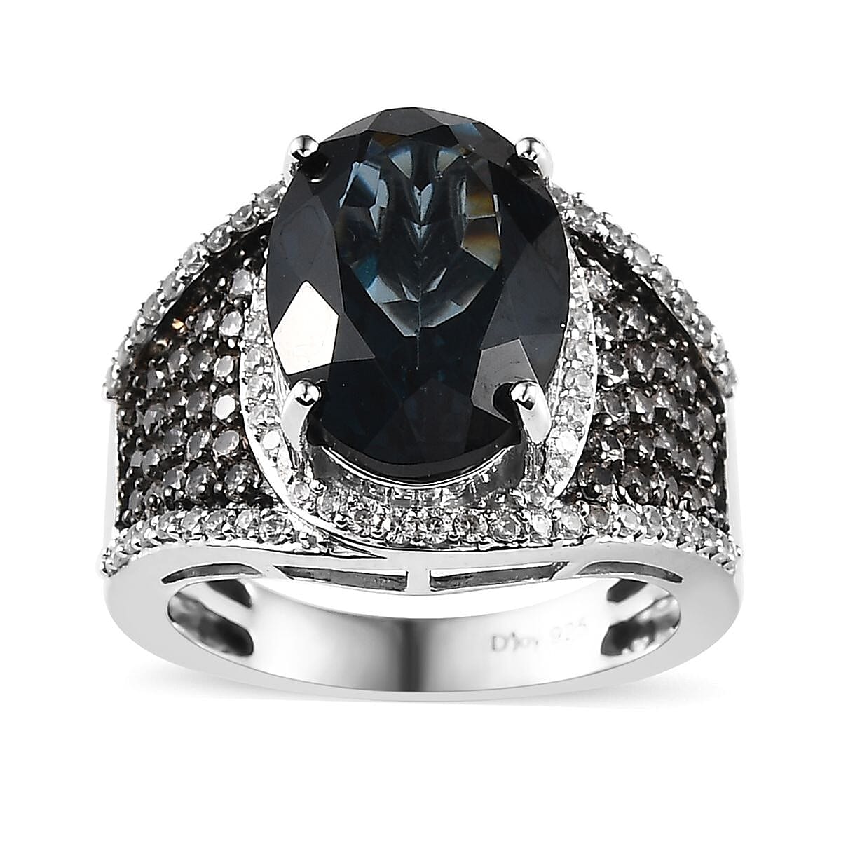 London Blue Topaz, White and Natural Champagne Zircon Ring in Platinum Over Sterling Silver 6.65 ctw