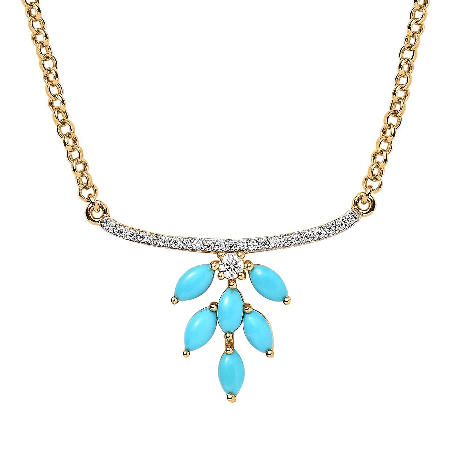 Premium Sleeping Beauty Turquoise and Moissanite Floral Necklace 18 Inches in Vermeil Yellow Gold Over Sterling Silver 1.20 ctw