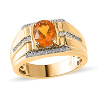 Premium Brazilian Fire Opal and White Zircon Men's Ring in Vermeil Yellow Gold Over Sterling Silver 1.60 ctw