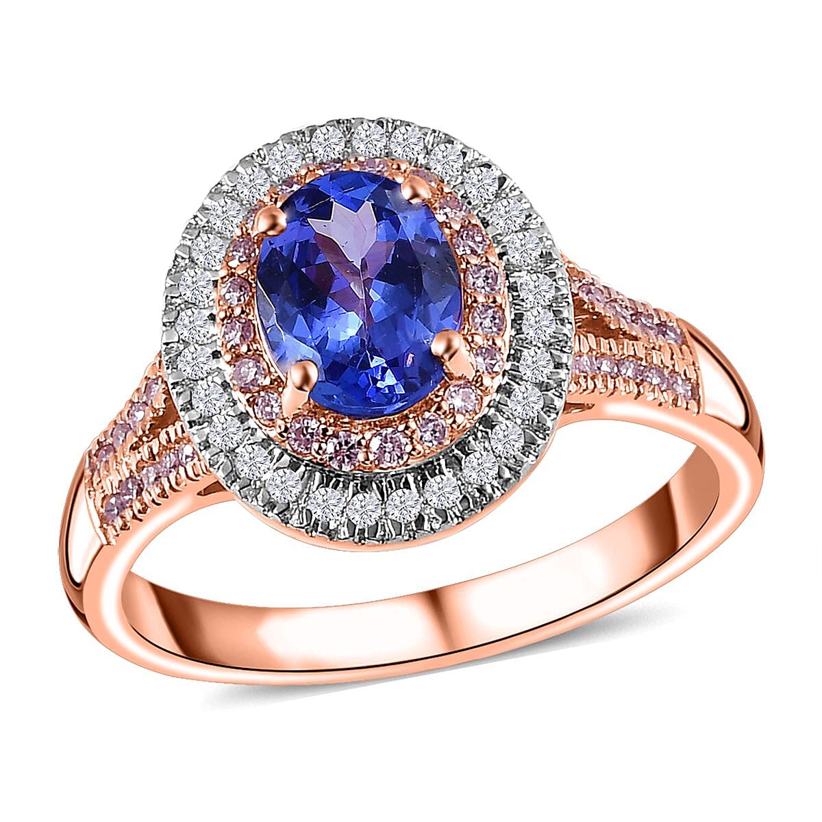 Luxoro 10K Rose Gold Premium Tanzanite, I3 Natural Pink and White Diamond Double Halo Ring (Size 8.0) 4.25 Grams 1.65 ctw (Del. in 7-10 Days)