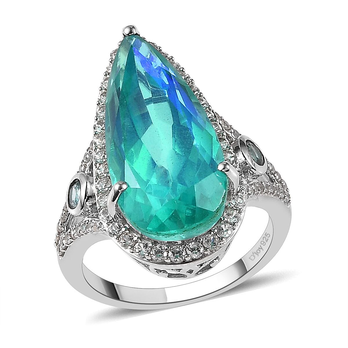 Peacock Quartz (Triplet) and Multi Gemstone Halo Ring in Platinum Over Sterling Silver 11.75 ctw