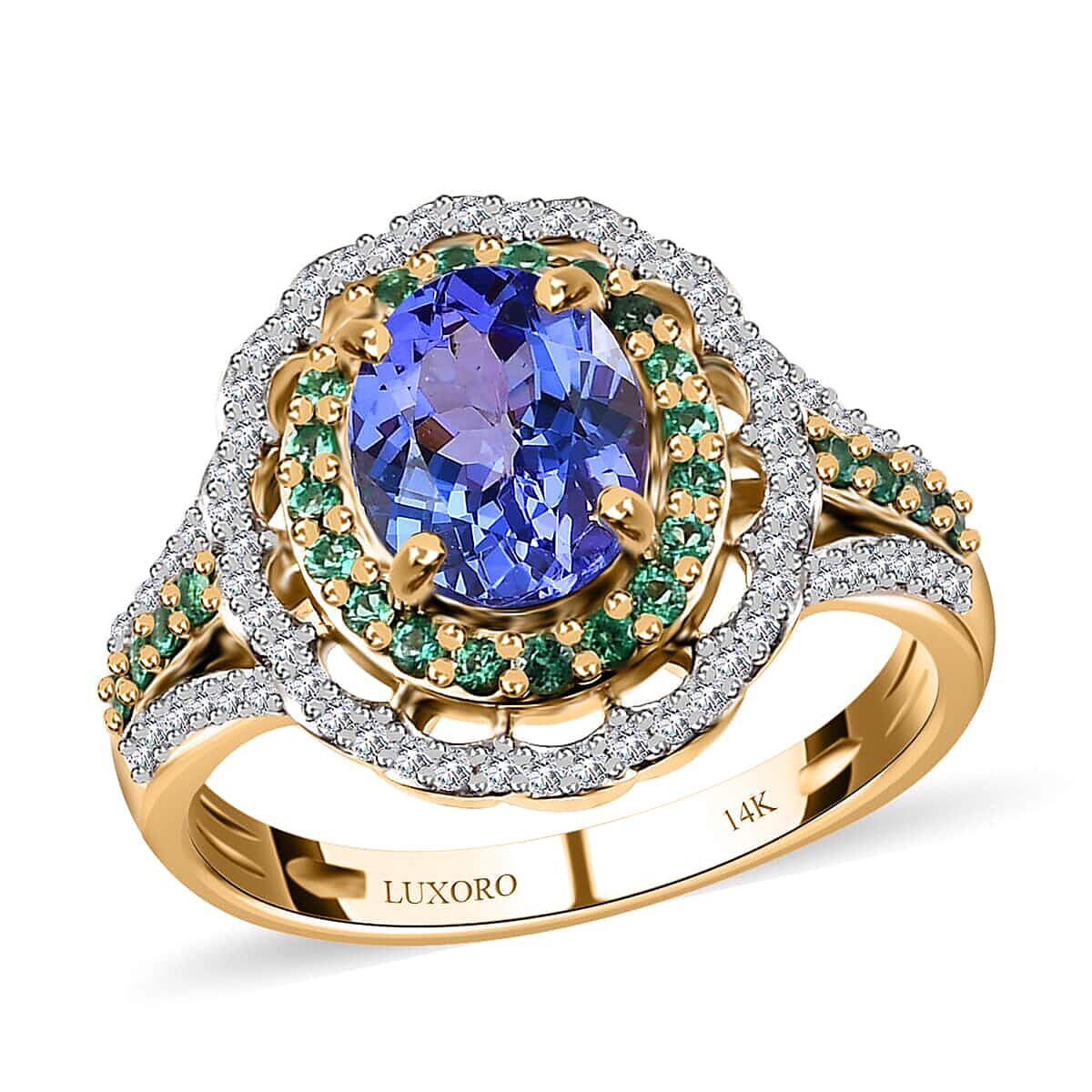 Luxoro 14K Yellow Gold Premium Tanzanite, Boyaca Colombian Emerald and G-H I3 Diamond Double Halo Ring 3.70 ctw (Del. in 7-10 Days)