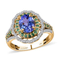 Luxoro 14K Yellow Gold Premium Tanzanite, Boyaca Colombian Emerald and G-H I3 Diamond Double Halo Ring 3.70 ctw (Del. in 7-10 Days) - Sticky add to cart bar