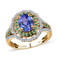 Luxoro 14K Yellow Gold Premium Tanzanite, Boyaca Colombian Emerald and G-H I3 Diamond Double Halo Ring 3.70 ctw (Del. in 7-10 Days)