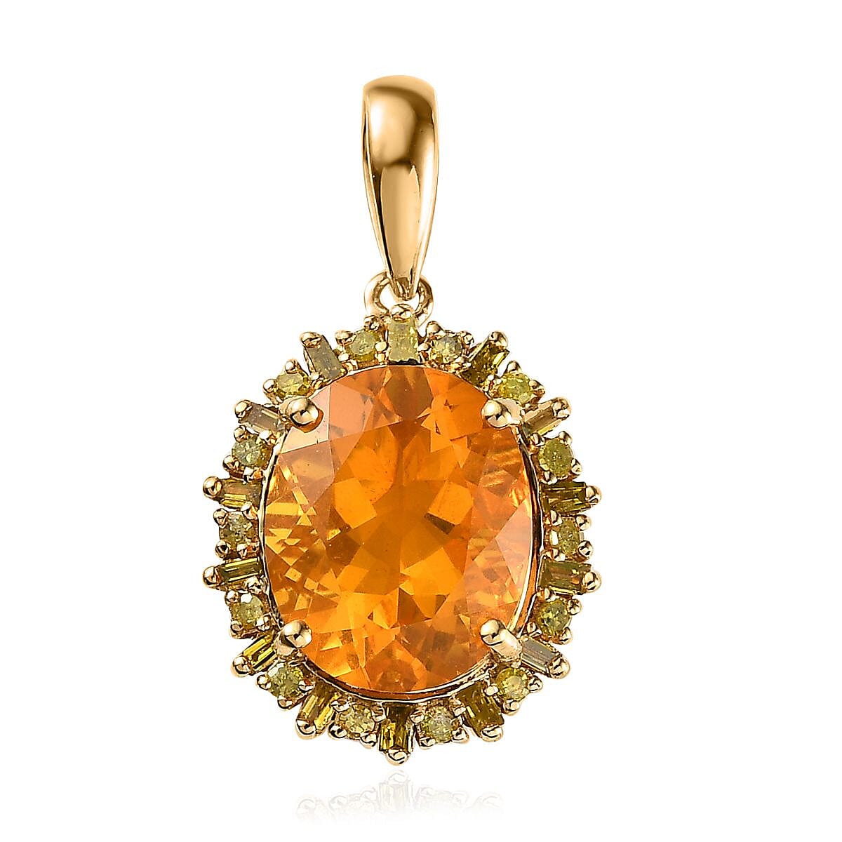 Premium BURITI Fire Opal and Yellow Diamond Halo Pendant in Vermeil Yellow Gold Over Sterling Silver 2.80 ctw