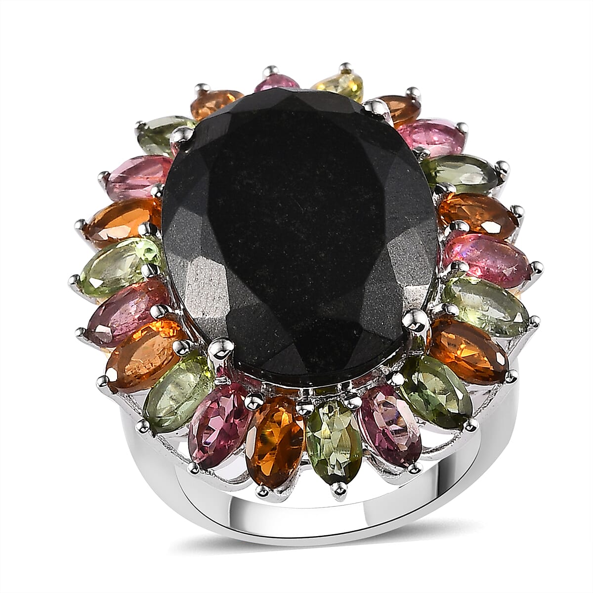 Australian Black Tourmaline, Multi-Tourmaline Ring in Platinum Over Sterling Silver (Size 10.0) 22.65 ctw