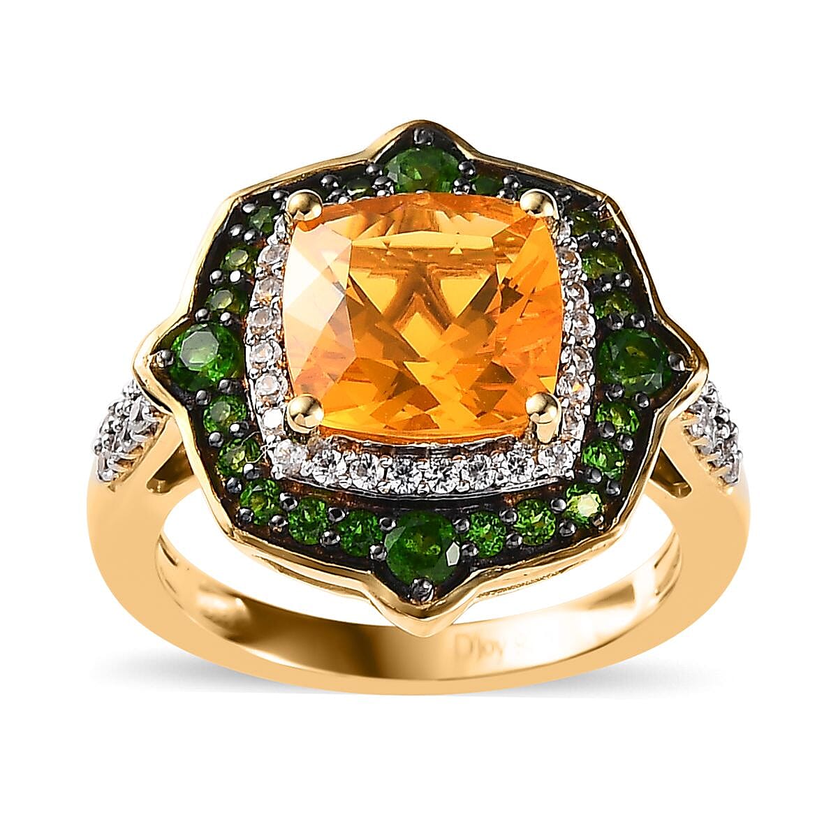 Premium Brazilian Fire Opal and Multi Gemstone Double Halo Ring in Vermeil Yellow Gold Over Sterling Silver 3.35 ctw