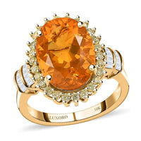 Luxoro 10K Yellow Gold Premium Brazilian Fire Opal, Natural Yellow and White Diamond I3 Halo Ring (Size 10.0) 4.05 Grams 4.65 ctw