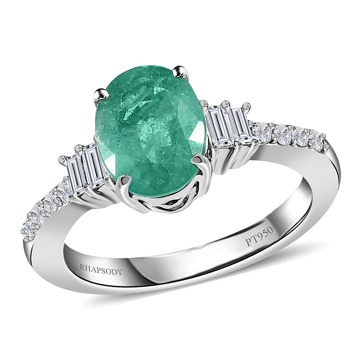 RHAPSODY 950 Platinum AAAA Ethiopian Emerald and E-F VS Diamond Solitaire Ring (Size 6.0) 5.40 Grams 1.90 ctw