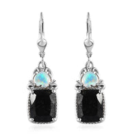 Black Tourmaline and Ethiopian Welo Opal Lever Back Earrings in Platinum Over Sterling Silver 7.60 ctw