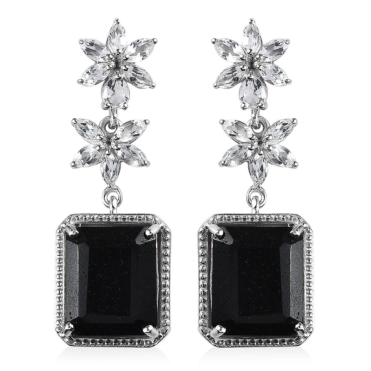 Black Tourmaline and White Topaz Dangle Earrings in Platinum Over Sterling Silver 16.85 ctw