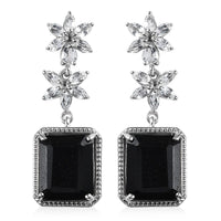 Black Tourmaline and White Topaz Dangle Earrings in Platinum Over Sterling Silver 16.85 ctw