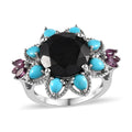 Black Tourmaline, Multi Gemstone Floral Ring in Platinum Over Sterling Silver (Size 10.0) 8.15 ctw - Sticky add to cart bar