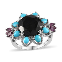 Black Tourmaline, Multi Gemstone Floral Ring in Platinum Over Sterling Silver (Size 10.0) 8.15 ctw