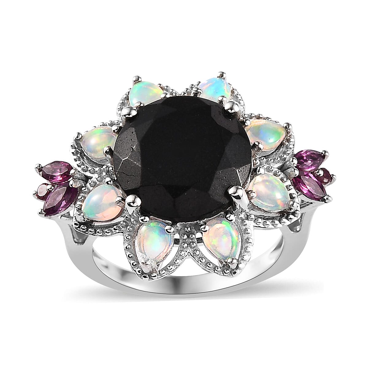 Black Tourmaline and Multi Gemstone Floral Ring in Platinum Over Sterling Silver 7.75 ctw