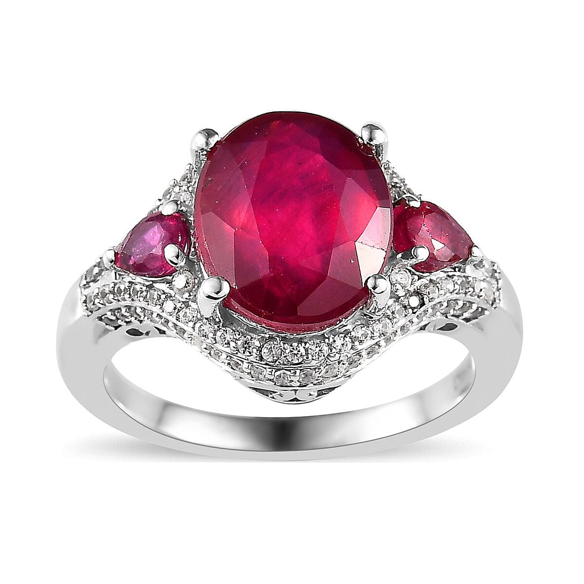 Niassa Ruby (FF) and White Zircon Ring in Platinum Over Sterling Silver (Size 10.0) 6.65 ctw