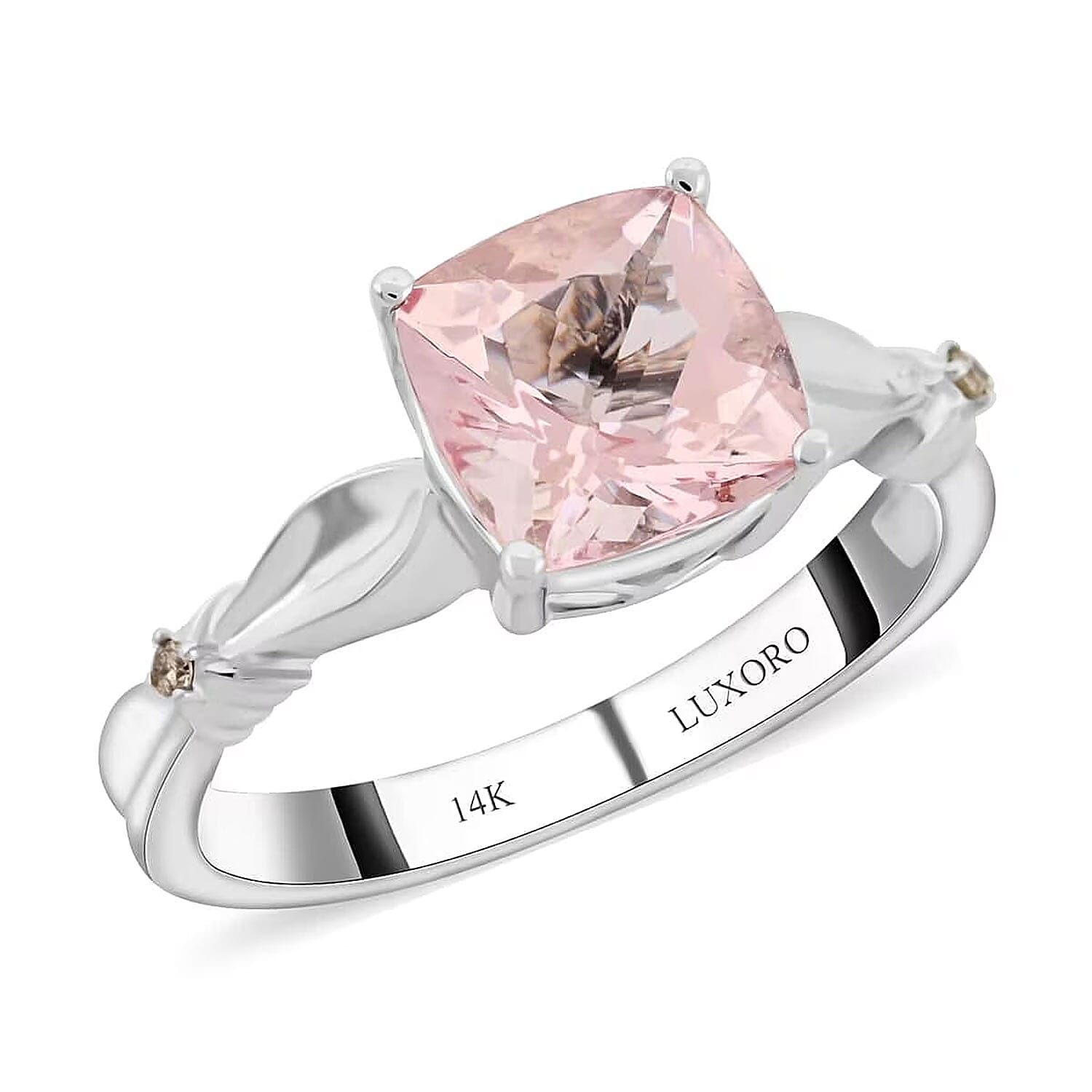 Luxoro 14K White Gold AAA Pink Morganite and I2 Brown Diamond Ring 1.80 ctw