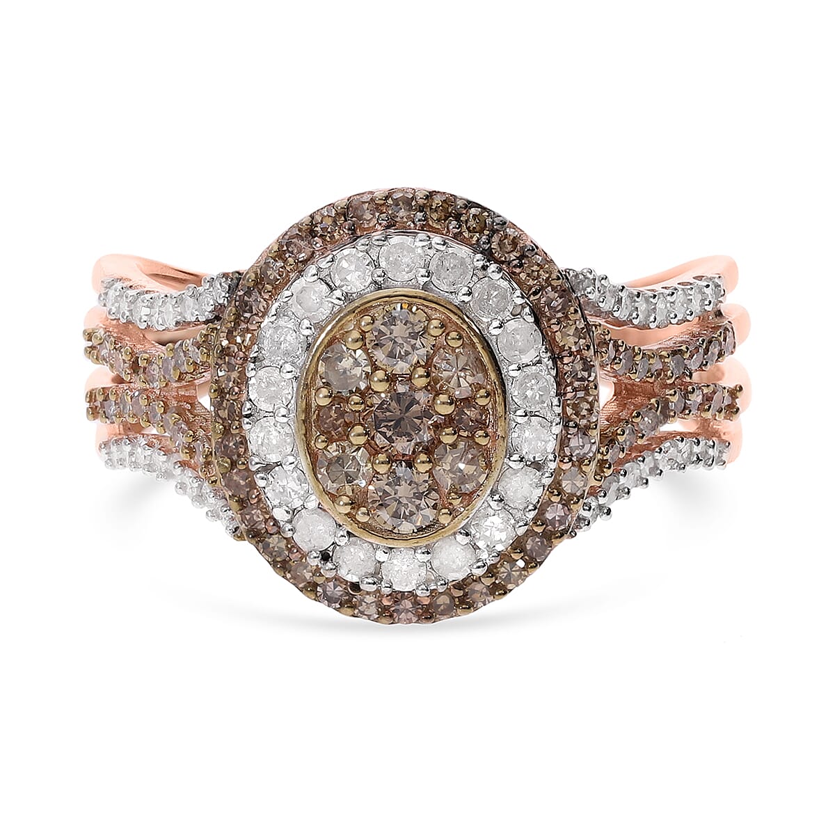 Natural Champagne and White Diamond Double Halo Ring in Vermeil RG Over Sterling Silver (Size 10.0) 1.00 ctw