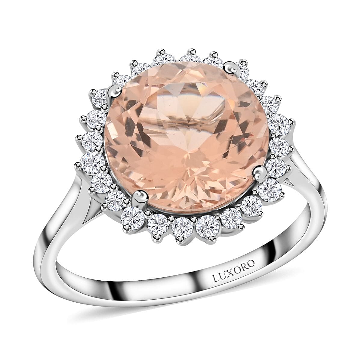 Luxoro 14K White Gold AAA Marropino Morganite and G-H I2 Diamond Halo Ring (Size 10.0) 5.00 ctw
