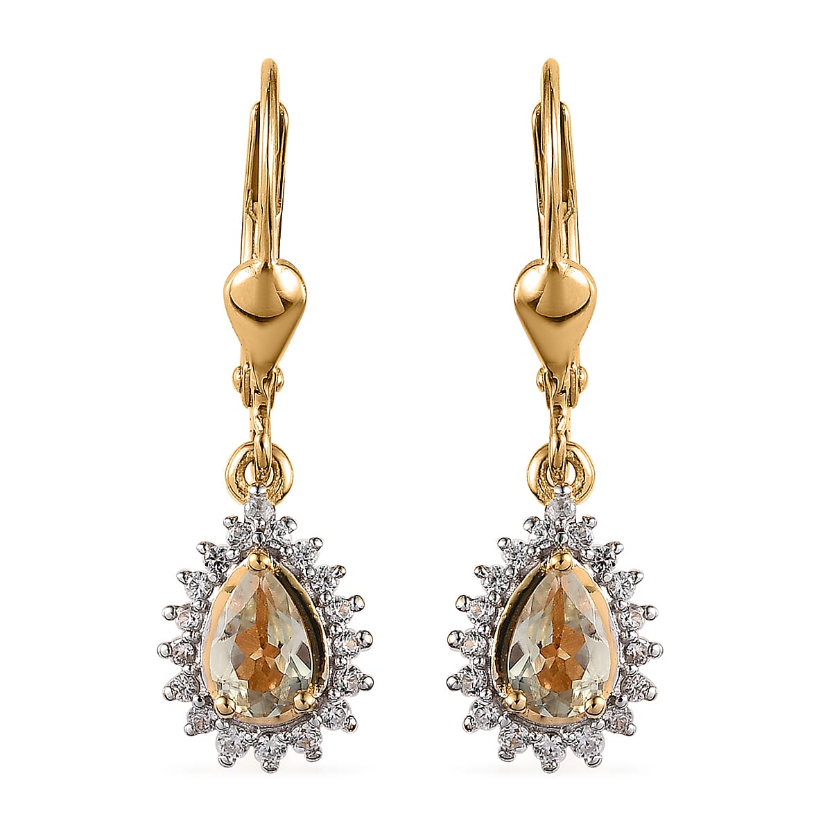 AAA Turkizite and White Zircon Lever Back Earrings in Vermeil Yellow Gold Over Sterling Silver 1.30 ctw