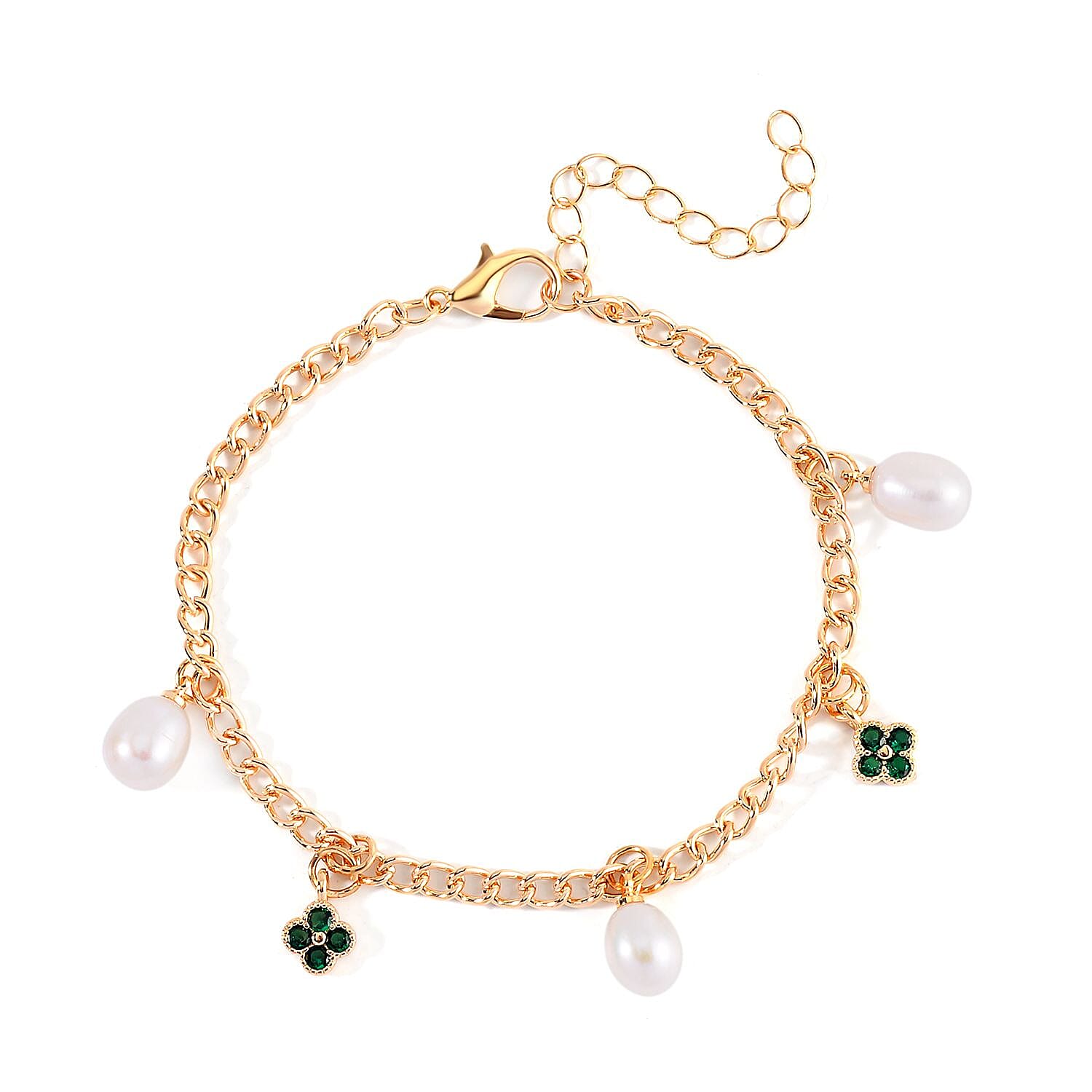 White Freshwater Pearl and Green Austrian Crystal Bracelet in Goldtone (7.50-8.50In)