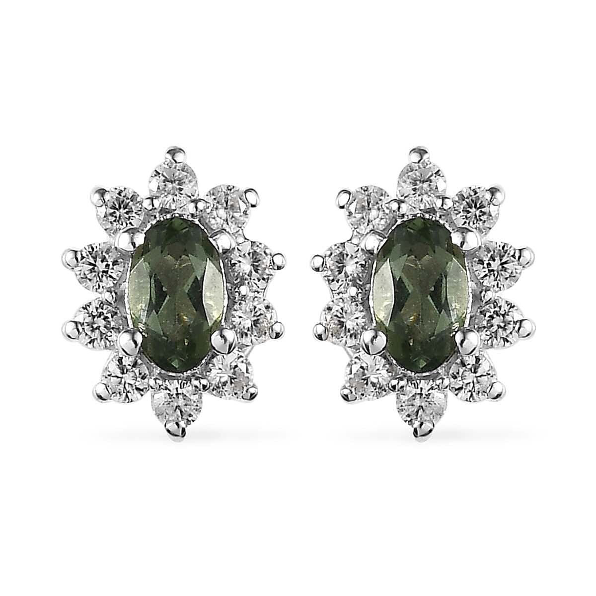 Tanzanian Natural Green Apatite and White Zircon Halo Stud Earrings in Platinum Over Sterling Silver 0.85 ctw