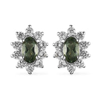 Tanzanian Natural Green Apatite and White Zircon Halo Stud Earrings in Platinum Over Sterling Silver 0.85 ctw