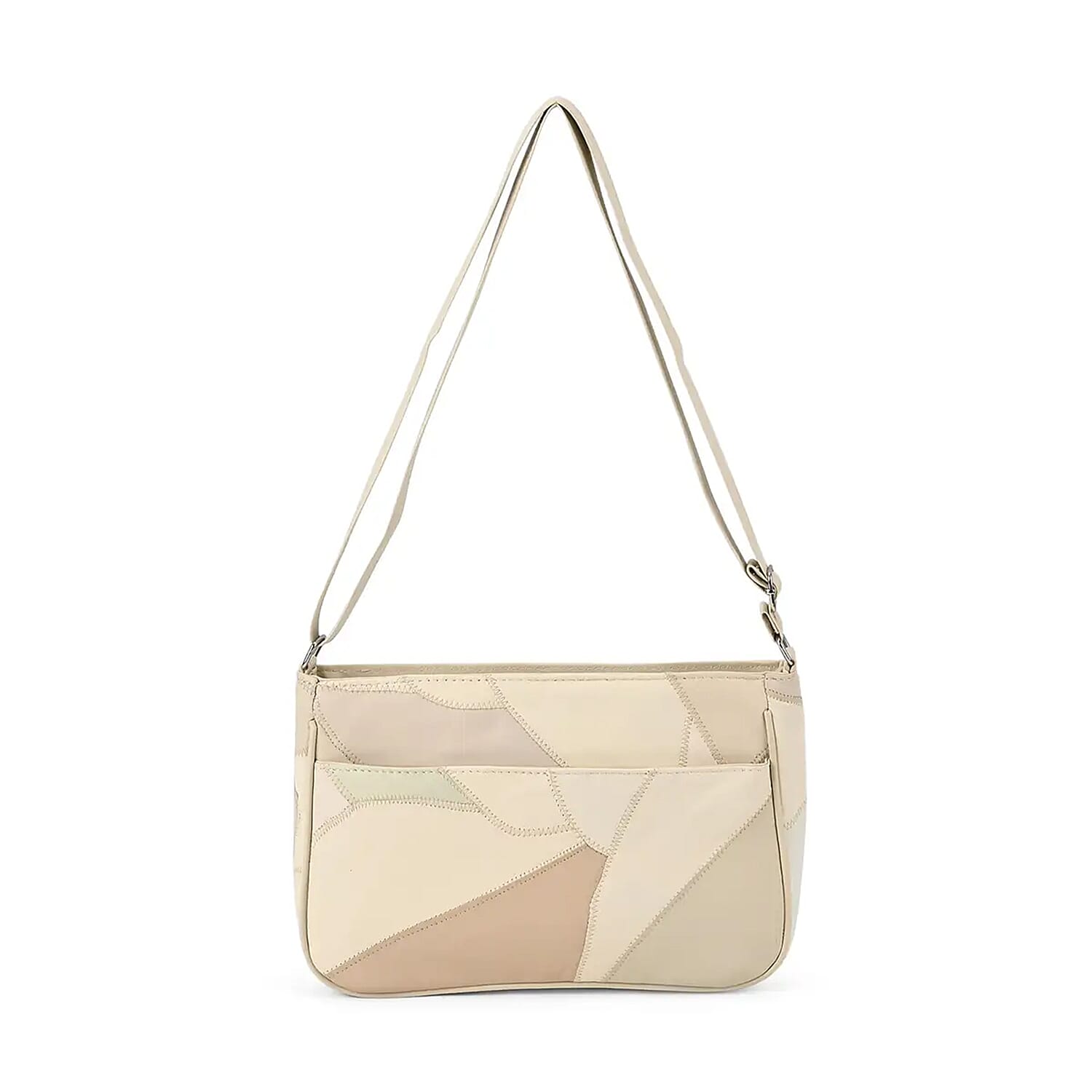 Beige Color Patch Work Sheep Leather Crossbody Bag (11.5"x7.7"x3'') with Adjustable Shoulder Strap