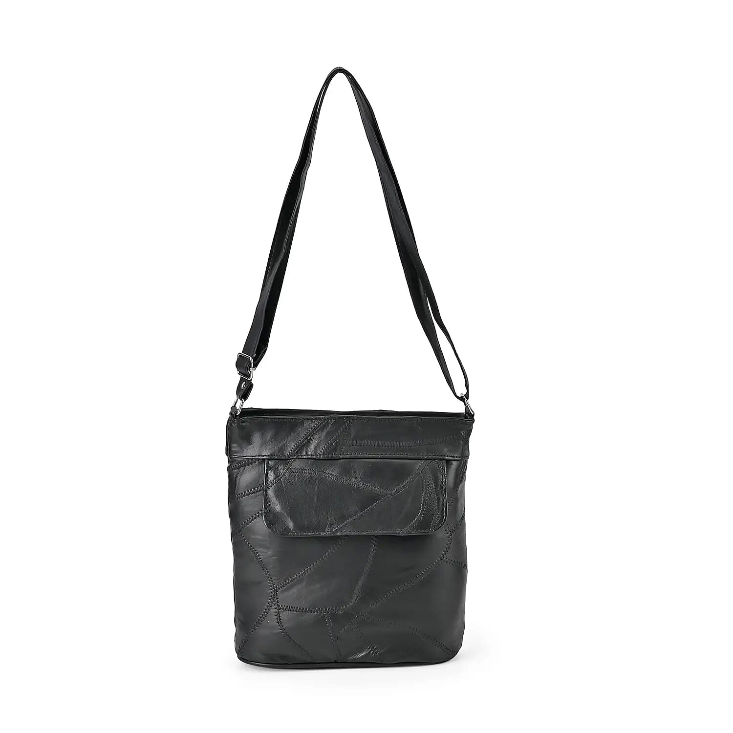 Black Color Patch Work Sheep Leather Crossbody Bag (10"x8.5"x2.75'') with Adjustable Shoulder Strap