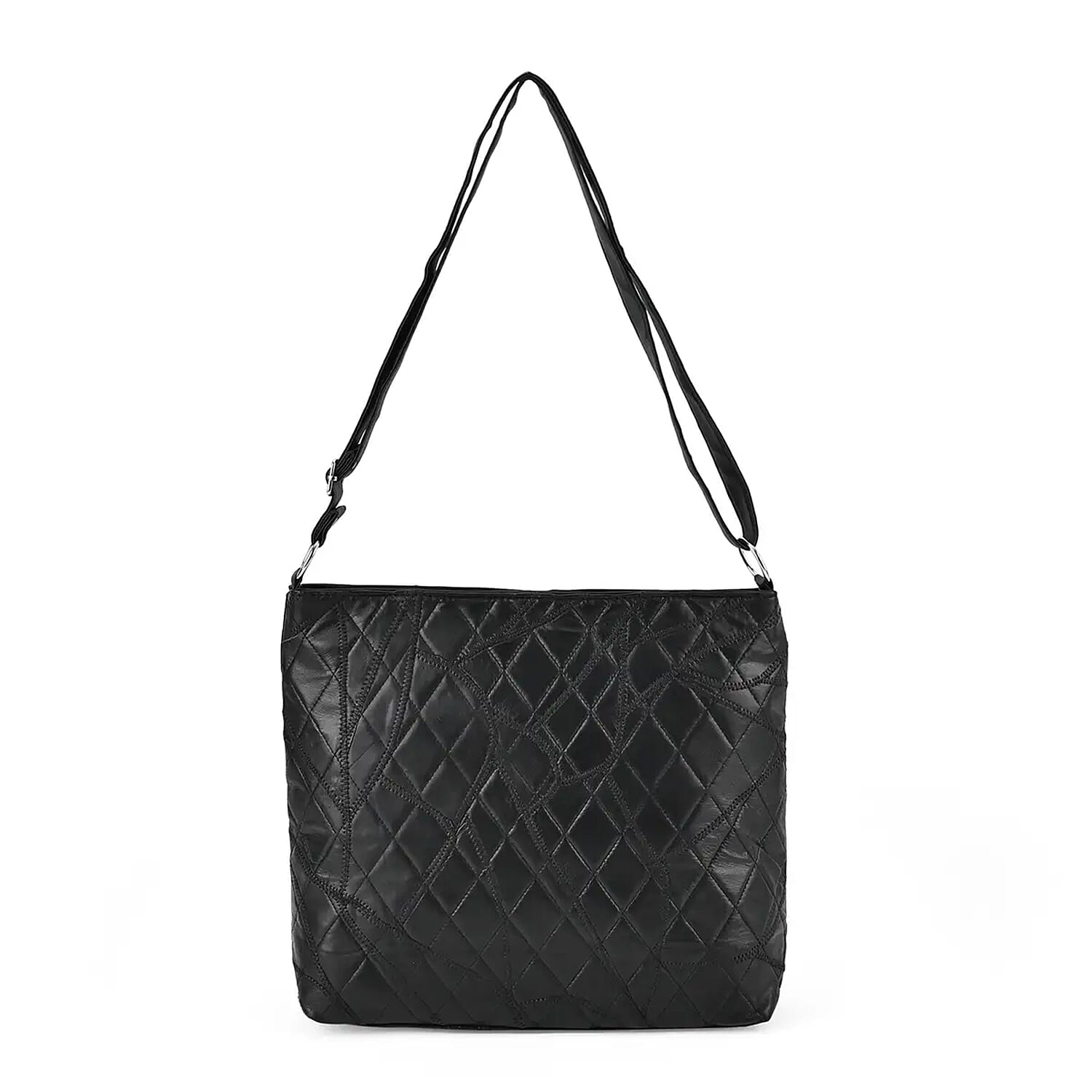 Black Color Patch Work Sheep Leather Crossbody Bag (14.5"x12.5"x3.4") with Adjustable Shoulder Strap