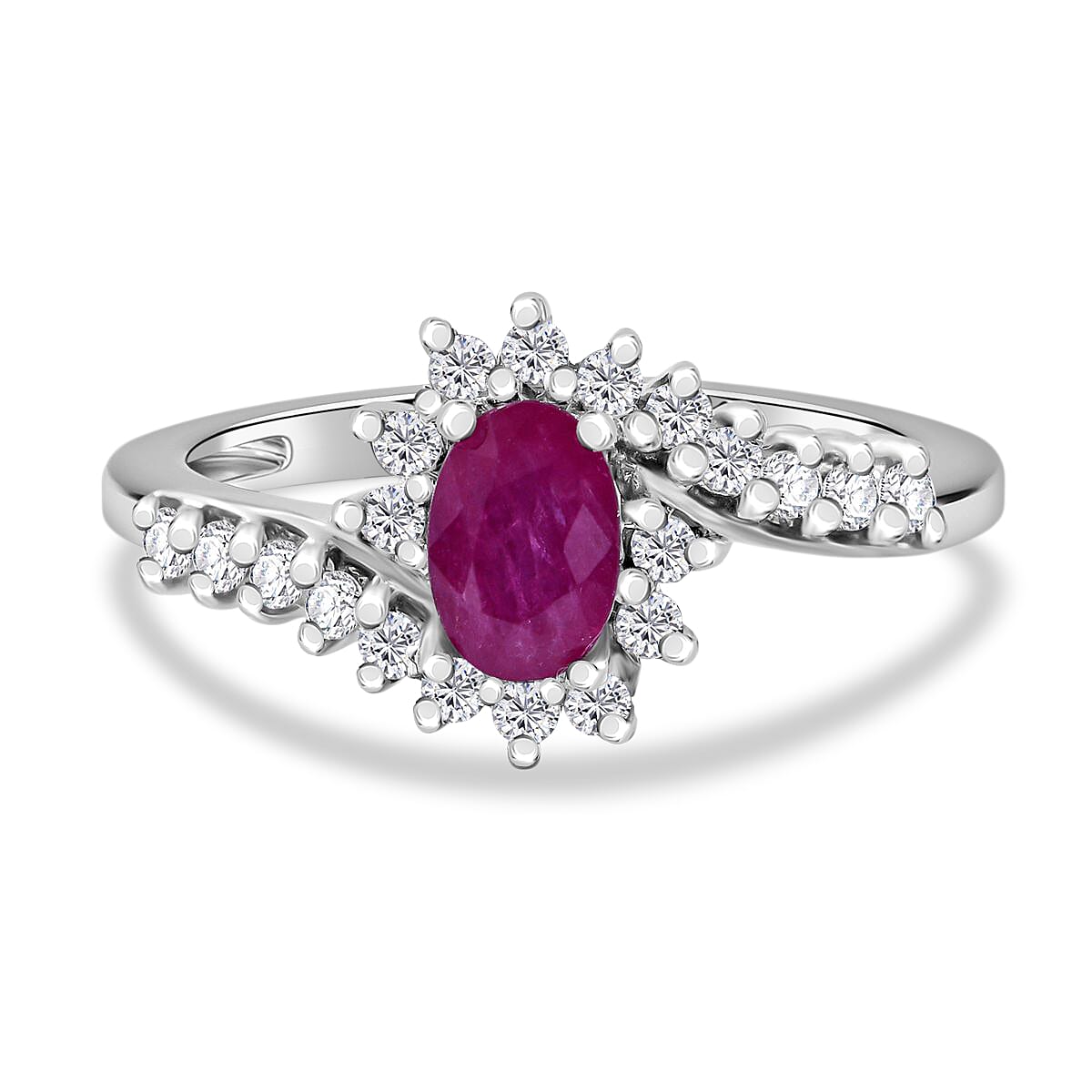Montepuez Ruby, White Zircon Ring in Rhodium Over Sterling Silver (Size 10.0) 1.10 ctw