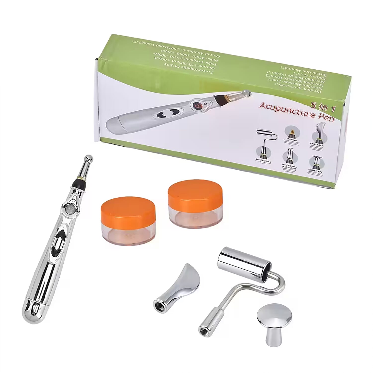 Massage Pen with 5 Interchangeable Heads and 2 Gel Container Without Gel (1xAA Battery Not Included)