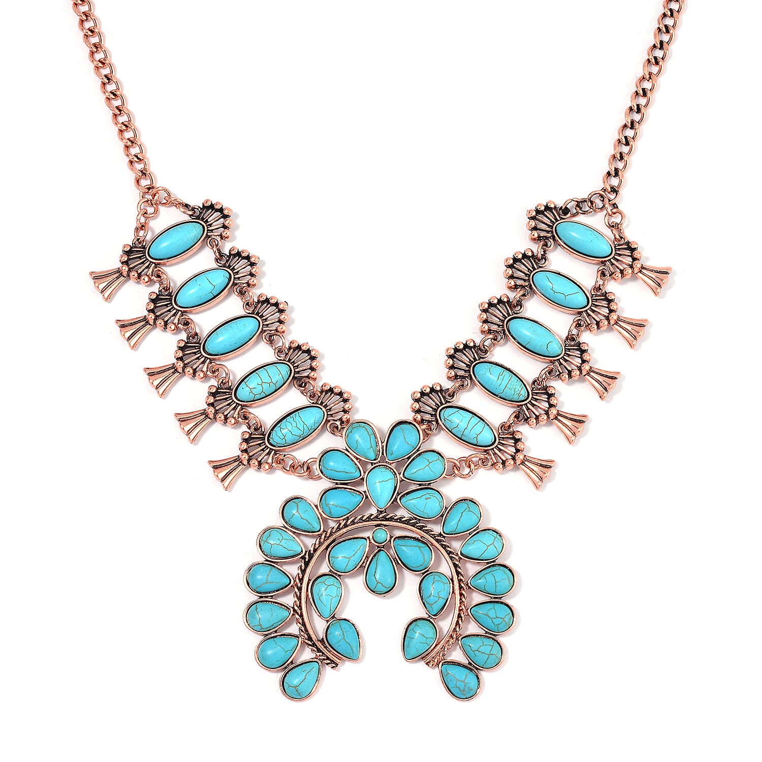 Constituted Blue Howlite 15.00 ctw Squash Blossom Necklace in Rosetone 24-28 Inches