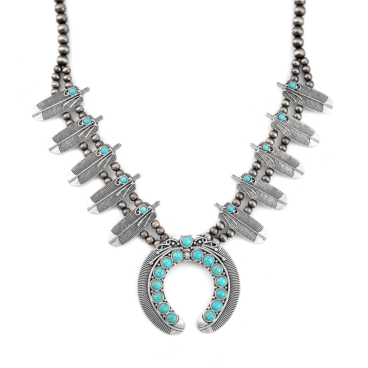 Constituted Blue Howlite 20.00 ctw Squash Blossom Feather Necklace in Silvertone 24-28 Inches