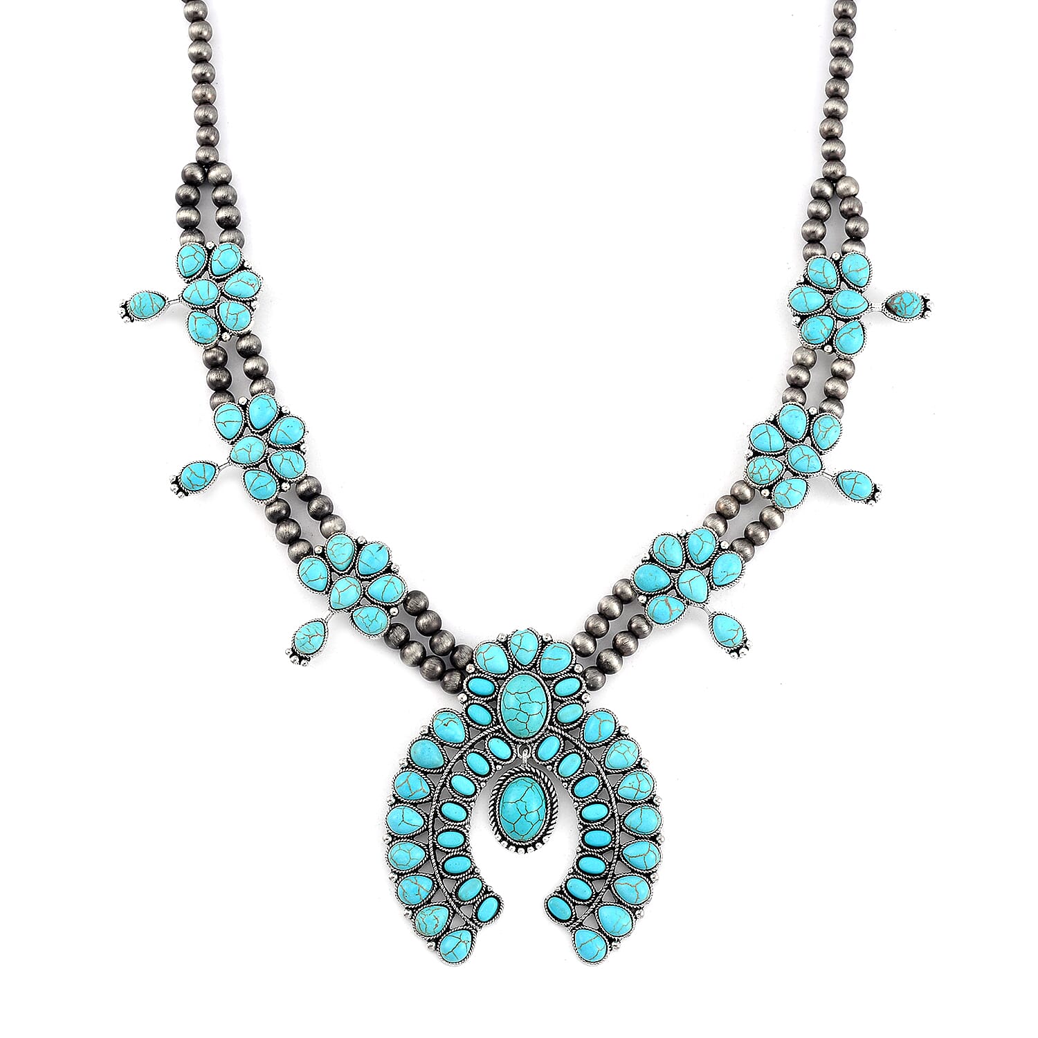 Constituted Blue Howlite 20.00 ctw Squash Blossom Necklace in Silvertone 24-28 Inches