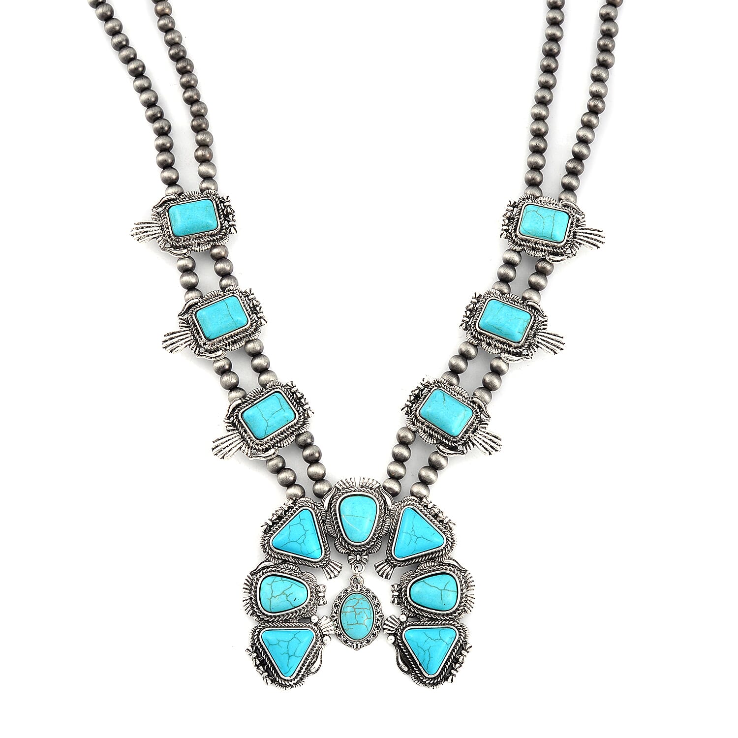 Constituted Blue Howlite 15.00 ctw Squash Blossom Necklace in Silvertone 24-28 Inches