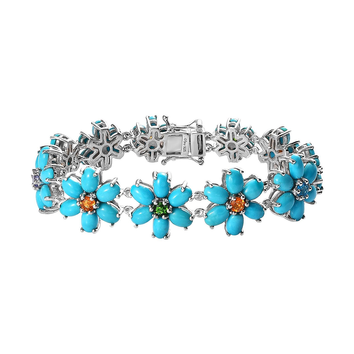 Sleeping Beauty Turquoise and Multi Gemstone Floral Bracelet in Platinum Over Sterling Silver (6.50 In) 23.10 ctw (Del. in 10-12 Days)