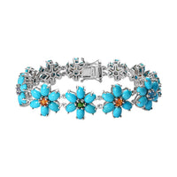 Sleeping Beauty Turquoise and Multi Gemstone Floral Bracelet in Platinum Over Sterling Silver (6.50 In) 23.10 ctw (Del. in 10-12 Days)