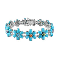 D'Joy Sleeping Beauty Turquoise and Multi Gemstone Floral Bracelet in Platinum Over Sterling Silver (7.25 In) 24.20 ctw