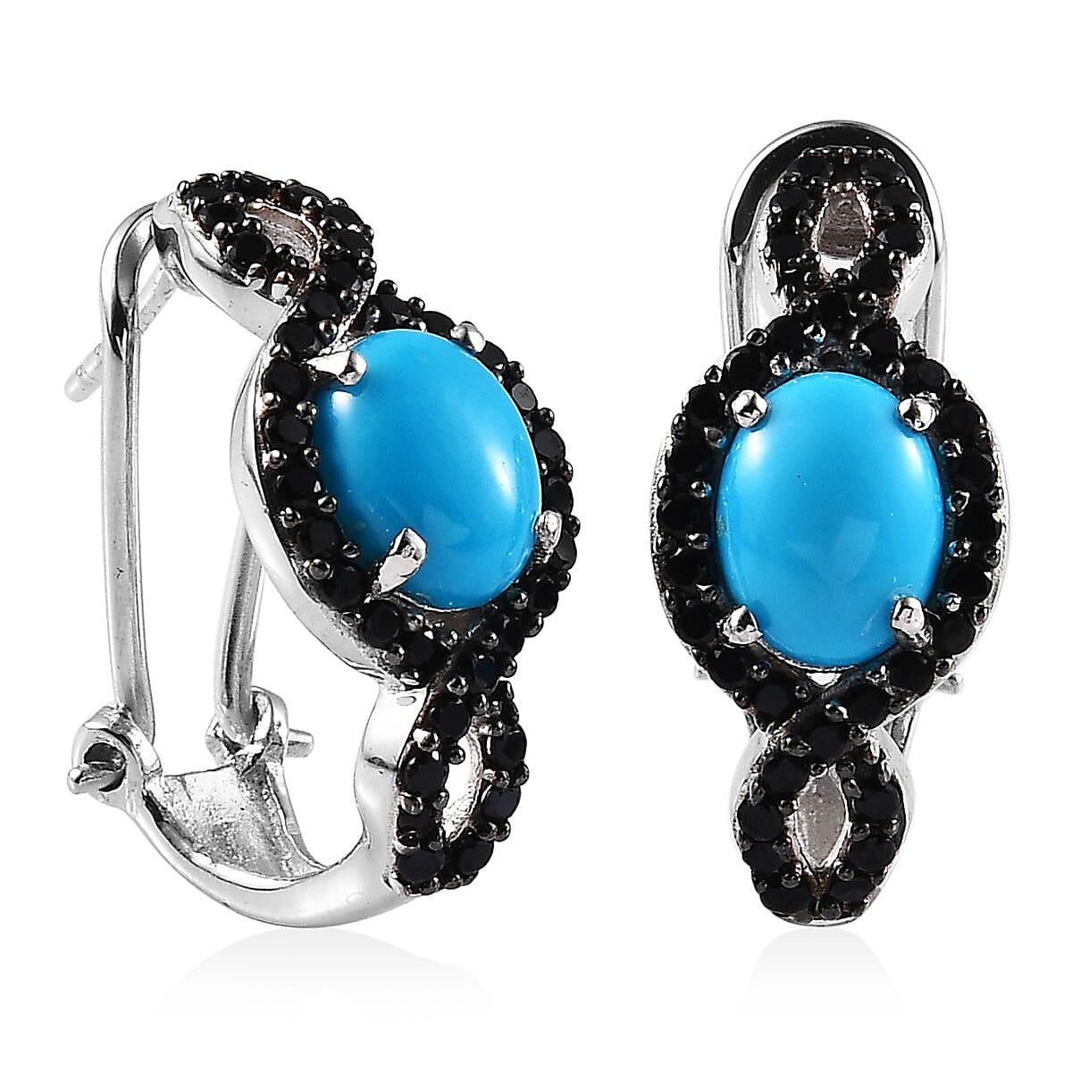 Sleeping Beauty Turquoise and Thai Black Spinel Omega Clip Earrings in Platinum Over Sterling Silver 4.70 ctw