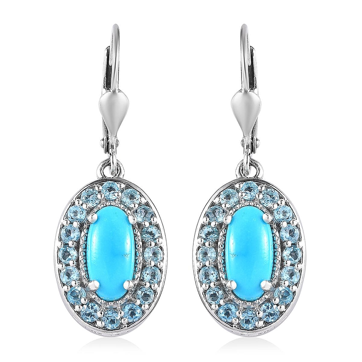 Sleeping Beauty Turquoise and Electric Blue Topaz Lever Back Earrings in Platinum Over Sterling Silver 3.80 ctw