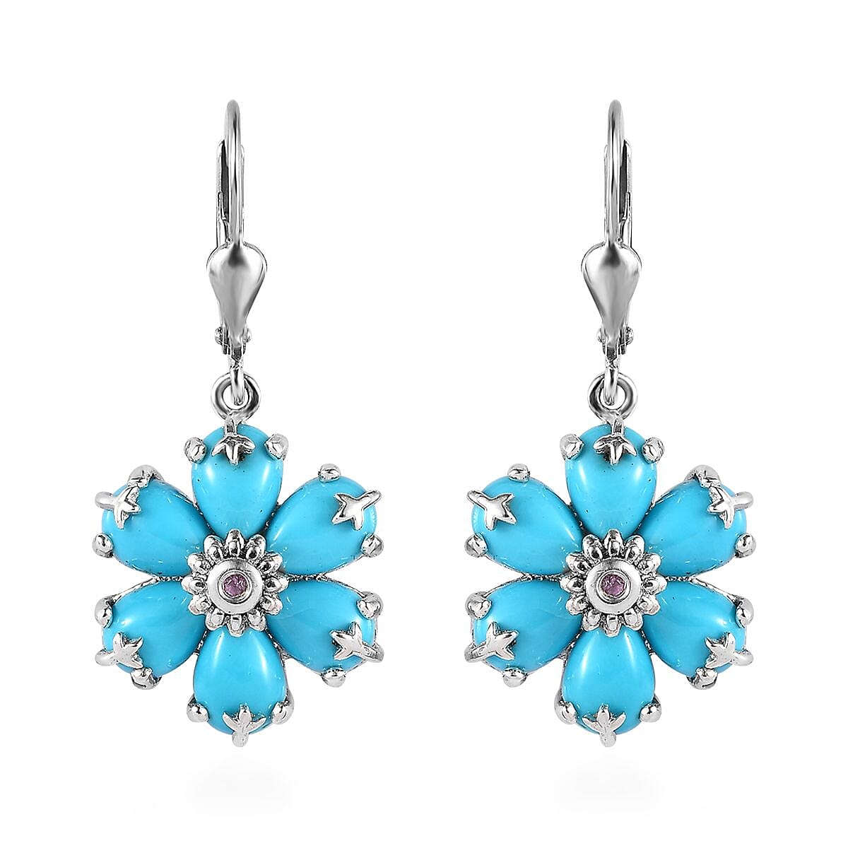 Sleeping Beauty Turquoise and Madagascar Pink Sapphire Floral Earrings in Platinum Over Sterling Silver 7.40 ctw