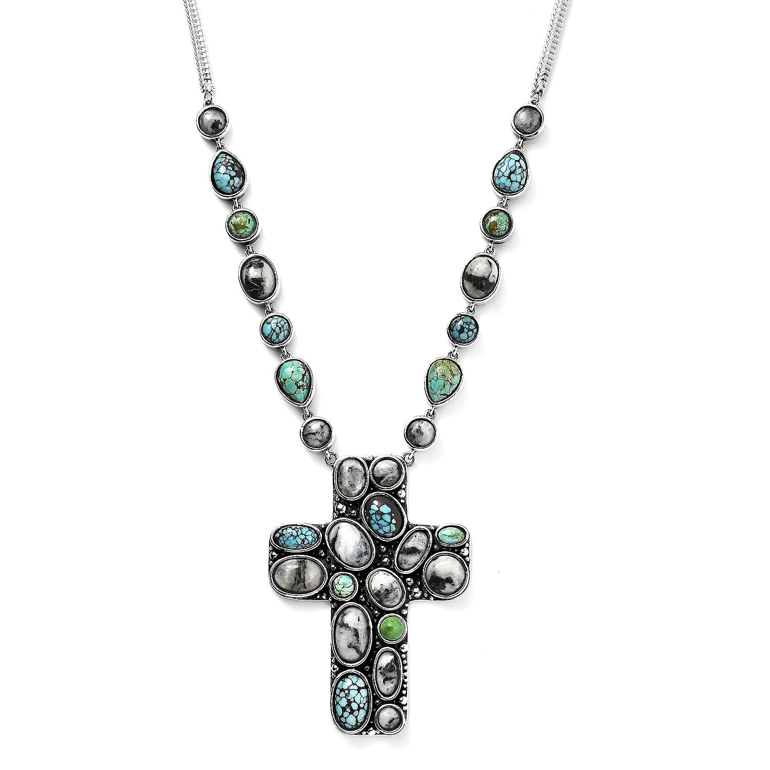 Artisan Crafted Blue Moon Turquoise and Royston Turquoise Cross Necklace 18-20 Inches in Sterling Silver 26.90 ctw