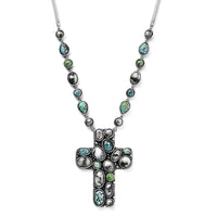 Artisan Crafted Blue Moon Turquoise and Royston Turquoise Cross Necklace 18-20 Inches in Sterling Silver 26.90 ctw