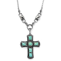 Artisan Crafted Blue Moon Turquoise and White Buffalo 9.20 ctw Cross Necklace in Sterling Silver 18 Inches